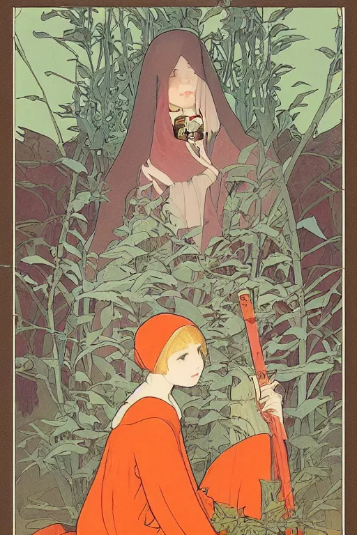 Image similar to a Girl in a large hood crouching on the ground by studio ghibli and mucha ,Visual Communication Design Refreshing colour ,orange slices,album,Microphone