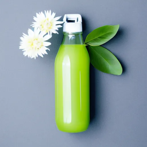 Prompt: juice bottle surrounded by white flowers, green leaves, and pears, soft zen minimalist, white background, bright, crisp