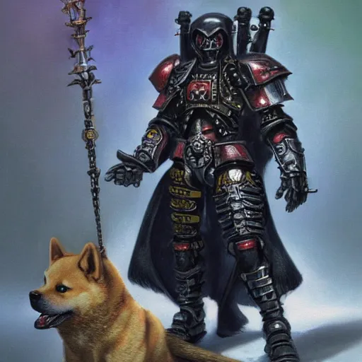 Image similar to warhammer 4 0 k emperor champion black armor, anthropomorphic shiba inu, shiba inu face, stuning 3 d render, masterpiece, glowing aura, by donato giancola and greg rutkowski and wayne barlow and zdzisław beksinski, realistic face