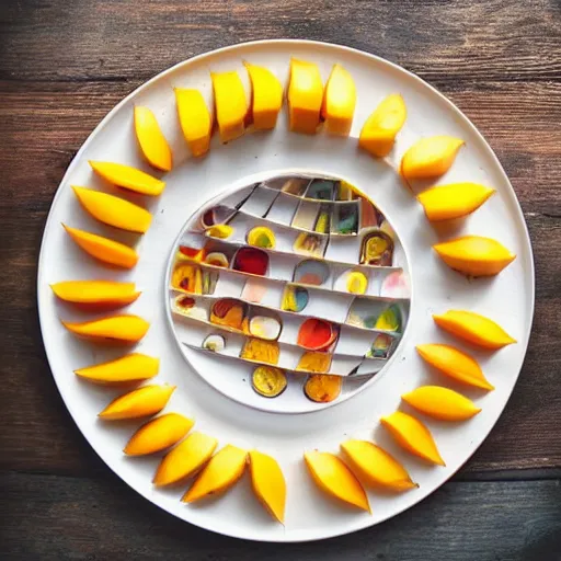 Prompt: beautiful photo of food art of sailing ship made from mango, bananas and apple pieces on a white plate, dslr