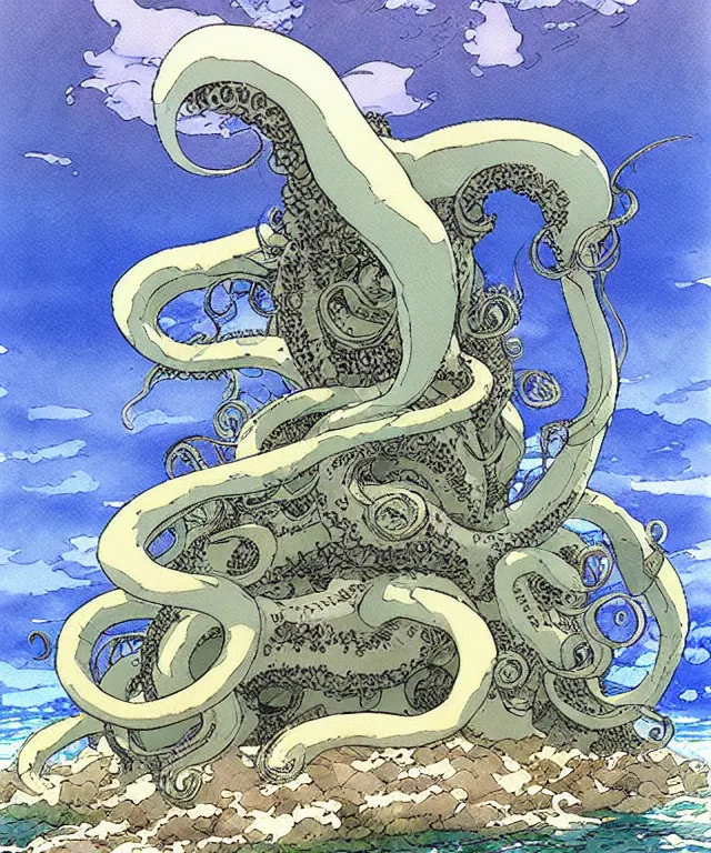 Image similar to a hyperrealist studio ghibli watercolor fantasy concept art of a giant grey octopus building stonehenge underwater. by rebecca guay, michael kaluta, charles vess