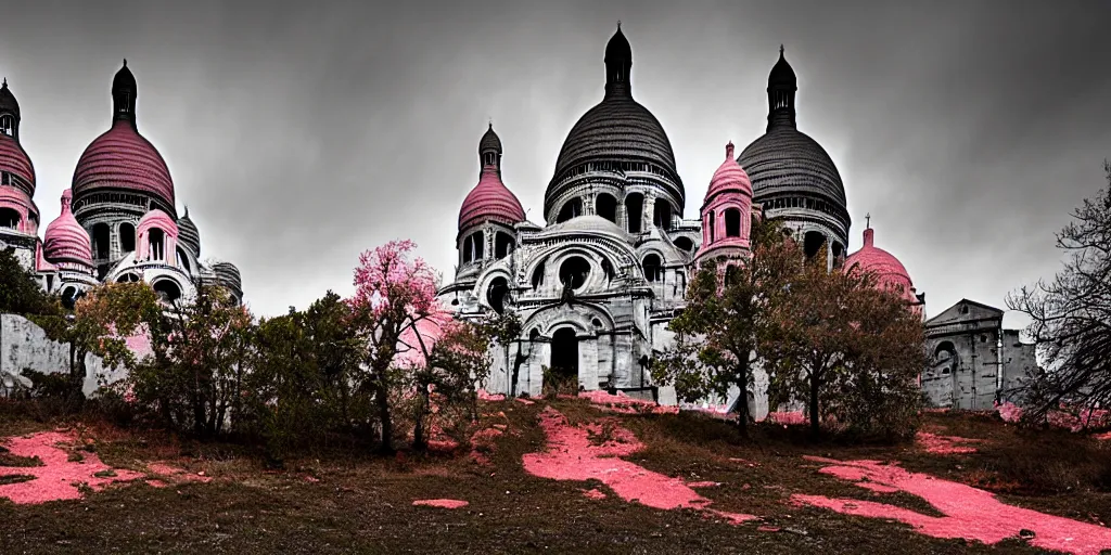 Prompt: abandoned post-apocalyptic Basilica of Sacré Coeur de Montmartre, toxic orange and pink mist rises from the ground and contrasts the white exterior, dark gray skies, stark contrasting lighting, a two-headed mutated deer-like creature looks on in the distance from the sparse twisted silhouetted foliage, a highly detailed colorful matte painting by Zdzislaw Beksinski and Mikko Lagerstedt, featured on Artstation, Unreal Render, 8k HDR