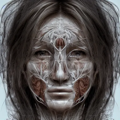 Prompt: beatifull frontal face portrait of a woman, 150 mm, anatomical, flesh, flowers, mandelbrot fractal, facial muscles, veins, arteries, symmetric, intricate