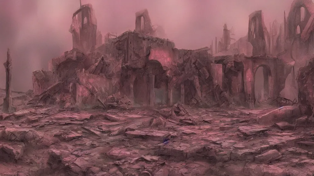 Prompt: an apocalyptic ruins in mars, pastel, colorful, foggy, digital art