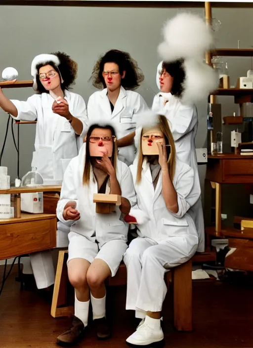 Image similar to realistic photo of a group of female scientists wearing white shorts, faces covered with white paint, watching at a levitating fluffy furry cloud, in a living room laboratory with many wooden gadgets made of wood interior is made of wood 1 9 9 0, life magazine reportage photo, natural colors