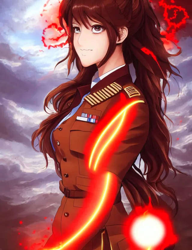 Image similar to a detailed manga portrait of a beautiful brown haired woman in a military uniform glowing with swirling red energy, trending on artstation, digital art, 4 k resolution, detailed, high quality, sharp focus, hq artwork, coherent, insane detail, character portrait