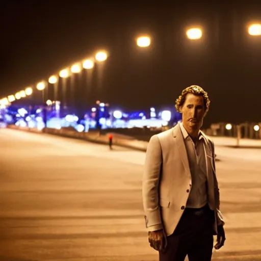 Prompt: a still of Matthew Mcconaughey . Shallow depth of field. City at night in background, lights, colors ,studio lighting, mood, 4K. Profession photography