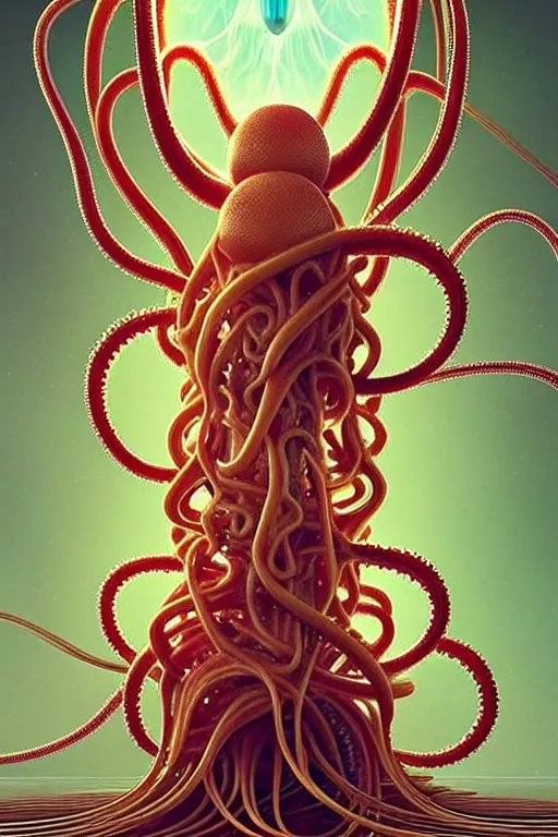 Image similar to beautiful spaghetti octopus, ethereal art deco, fantasy, intricate art deco pasta designs, elegant, highly detailed fractals, sharp focus, art by artgerm and beeple and greg rutkowski and wlop