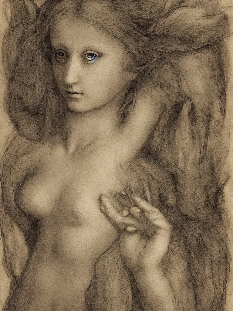 Image similar to artist study of a single fairy, in the style of leonardo da vinci, realistic, pretty, ethereal,