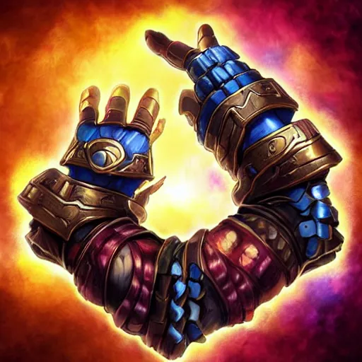 Image similar to Infinity Gauntlet with no stone, war theme gauntlet, fantasy gauntlet of warrior, fiery coloring, hearthstone art style, epic fantasy style art, fantasy epic digital art, epic fantasy card game art