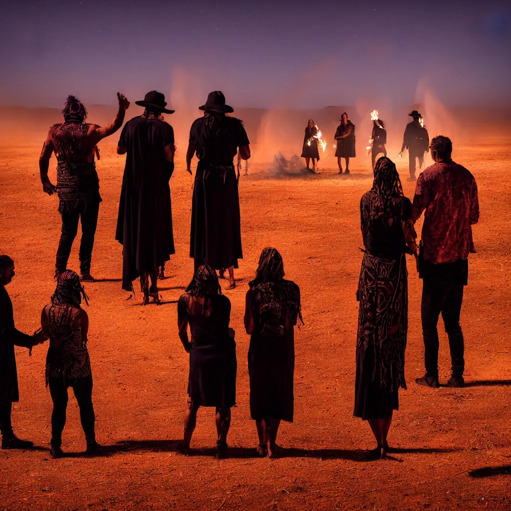 Prompt: atmospheric photograph of three ravers, two men, one woman, woman is in a trenchcoat, blessing the soil at night, seen from behind, fire circle, two aboriginal elders, dancefloor kismet, diverse costumes, clean composition, desert transition area, bonfire, atmospheric night, australian desert, symmetry, sony a 7 r