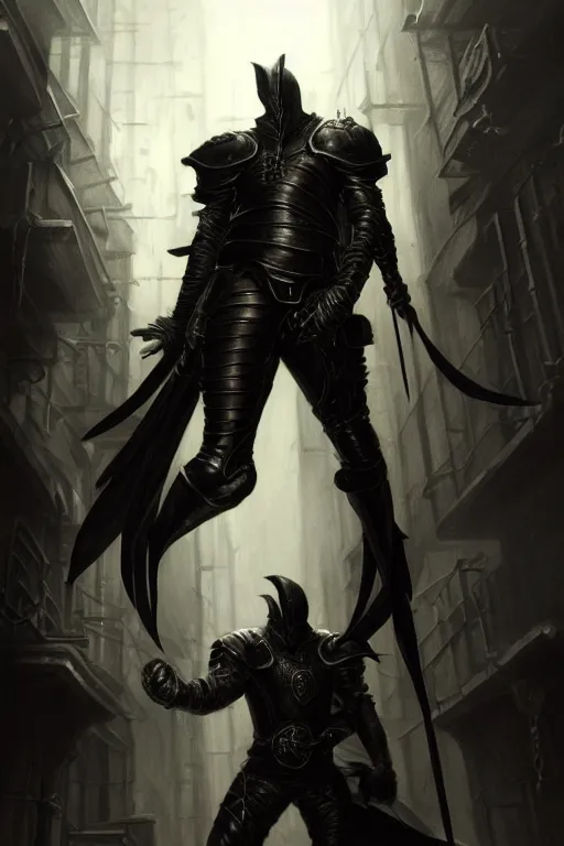 Image similar to portrait of a male muscular thief wearing black leather armor in a dark alleyway, fantasy, intricate, elegant, highly detailed, digital painting, artstation, concept art, matte, sharp focus, illustration, art by aenaluck and roberto ferri and greg rutkowski, epic fantasy, moody, dark mood, digital painting