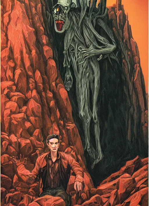 Image similar to twin peaks poster art, of the wendigo demon, david bowie finds it's lair, by michael whelan, rossetti bouguereau, artgerm, retro, nostalgic, old fashioned