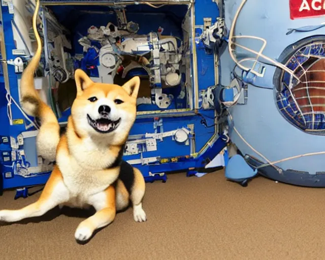 Prompt: shiba inu astronaut repairing the international space station