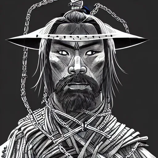 Image similar to a portrait from behind of a samurai man vagabond, the samurai is wrapped in chains, detailed, illustration, concept art, ink style, sketch