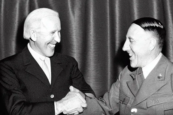 Image similar to “ very very intricate photorealistic photo of hitler and joe biden laughing together, detailed natural lighting, award - winning crisp details ”