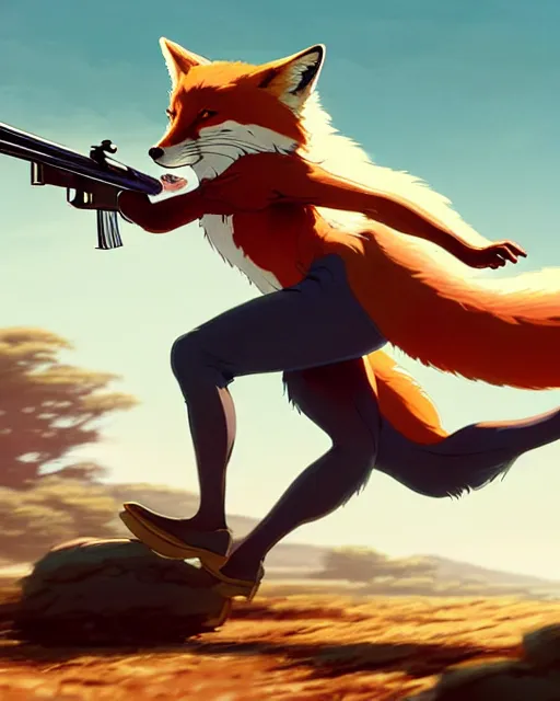 Image similar to a beautiful, dynamic illustration of an anthropomorphic fox - woman running while firing her winchester rifle, wild west theme, bullets whizzing by, motion blur and speed lines, studio muti, greg rutkowski, makoto shinkai, takashi takeuchi, studio ghibli