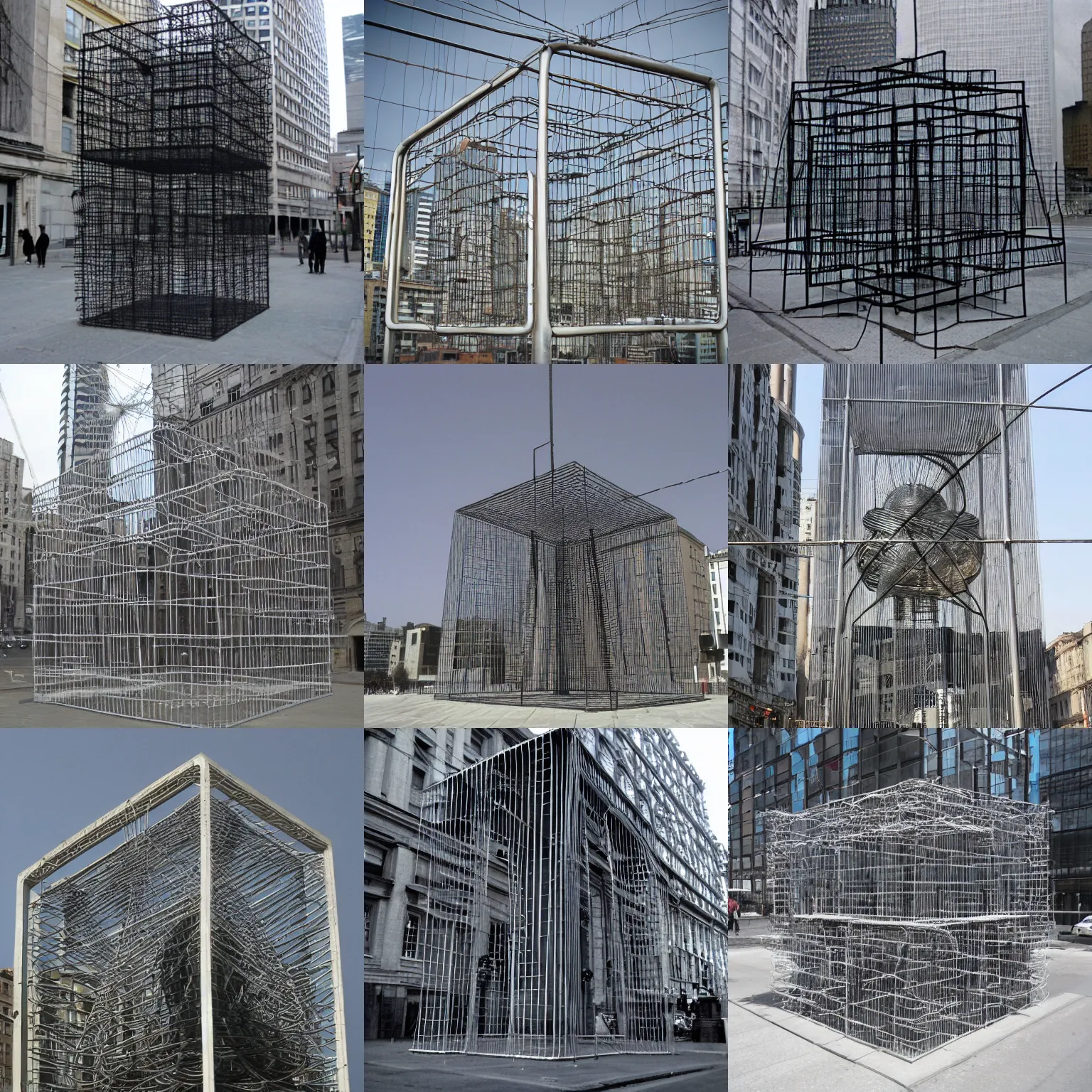 Prompt: giant wire cube in city, giger