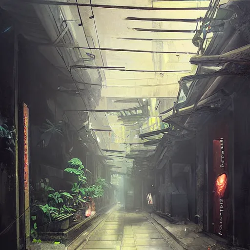 Image similar to an alley in singapore, art by greg rutkowski