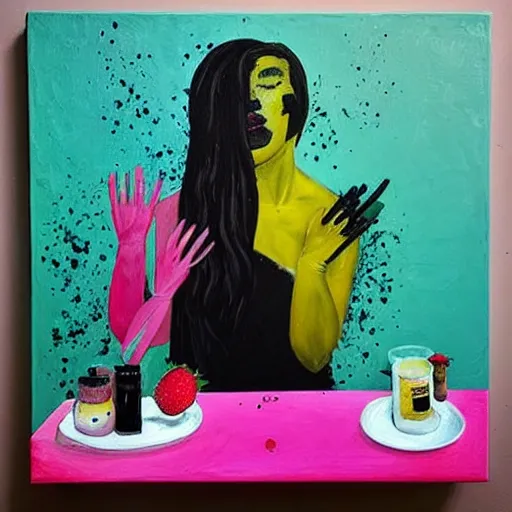 Image similar to “ a portrait in a female art student ’ s apartment, sensual, a pig theme, art supplies, paint tubes, ikebana, herbs, a candle dripping white wax, black walls, squashed berries, berry juice drips, acrylic and spray paint and oilstick on canvas, surrealism, neoexpressionism ”