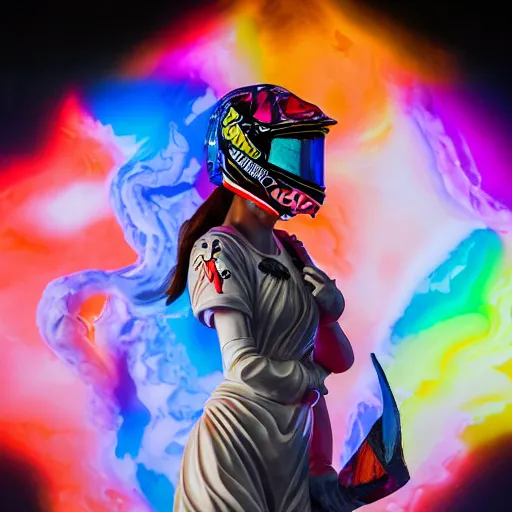 Image similar to extremely beautiful photo of a white marble statue of a girl with colorful motocross logos and motorcycle helmet with closed visor, colorful smoke in the background, carved marble statue, symmetrical, vogue, fine art, neon genesis evangelion, virgil abloh, offwhite, denoise, highly detailed, 8 k, hyperreal