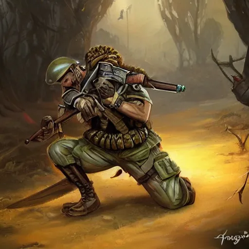 Image similar to An Australian Soldier Being Dragged by Emu Regiments, Fantasy Illustration by Tony Sart, Trending on artstation