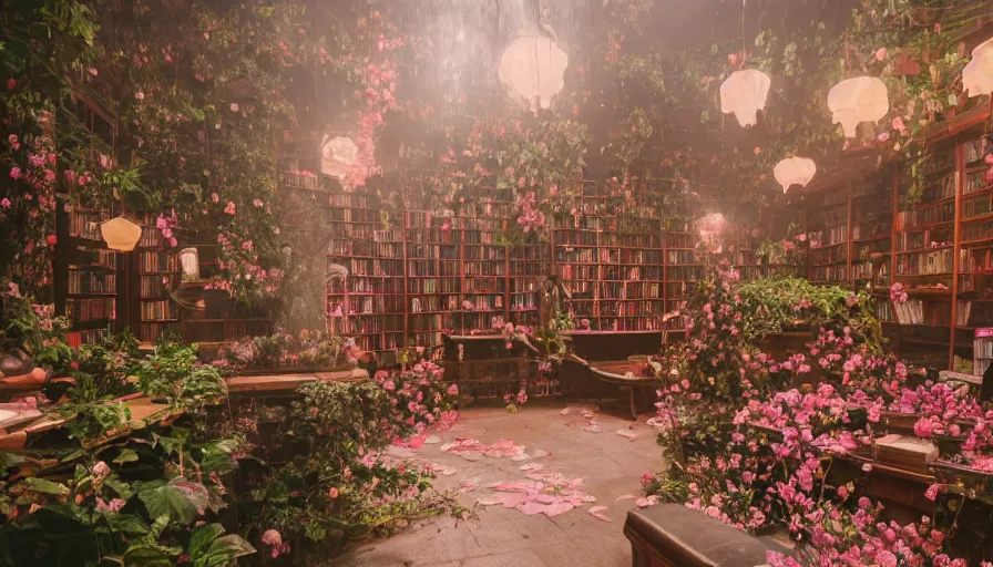 Prompt: a Wes Anderson 35mm film still of a very surreal magical bookstore with a beautiful waterfall inside, apothecary, botanical garden, falling cherry blossoms pedals, in the style of Gucci, glowing lights and floating lanterns, foggy atmosphere, rainy, moody, muted colors, magic details, very detailed, 8k, cinematic look, octane render, psychedelic,