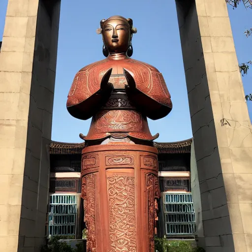 Prompt: photo of the statue of harmony as an asian in china, copper cladding