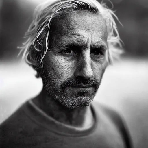 Image similar to A 4x5 portrait of a man, who is dishevelled and beaten down, a million-mile stare, bokeh, depth of field, black & white, grainy, rule of thirds