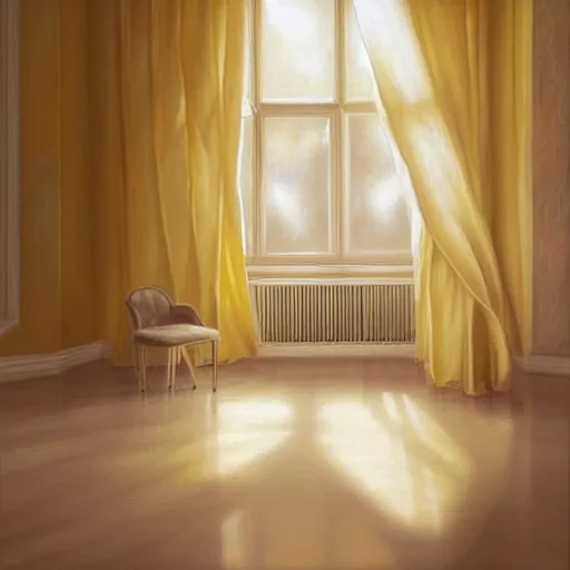 Prompt: cream - colored studio, vanilla - colored lighting, soft golden light, marble studio, marble floor, yellow lighting, bare room, empty room, studio room, art room, window to night time, night time, warm lighting inside, art by artgerm