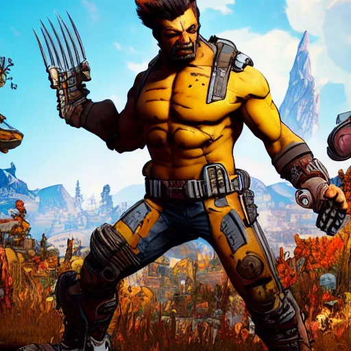 Image similar to professional physically based octane render of Wolverine in Borderlands 3, character concept art, epic composition, style of Borderlands, 8k comic art, intricately detailed