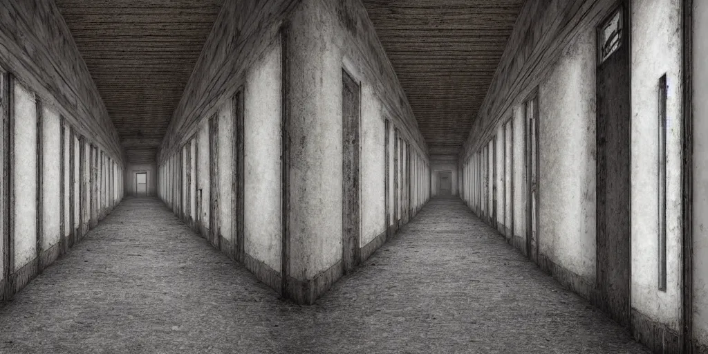 Image similar to a long dark decrepit asylum hallway, one point perspective, vanishing point, symmetrical composition, by lee madgwick, photorealistic, v - ray render 8 k uhd