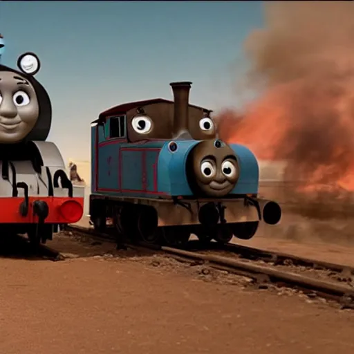 Prompt: still frame of Thomas the Tank Engine in MAD MAX: FURY ROAD (2015)