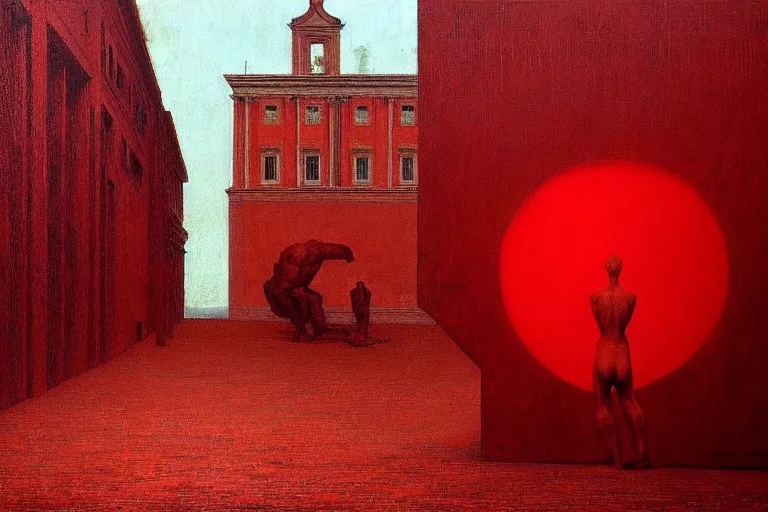 Image similar to only with red, caesar after war, the deal, a red tiger, in hoc signo vinces, rome in background, an ancient path, in the style of beksinski, part by hopper, part by rodcenko, part by hofbauer, intricate composition, red by caravaggio, insanely quality, highly detailed, masterpiece, red light, artstation