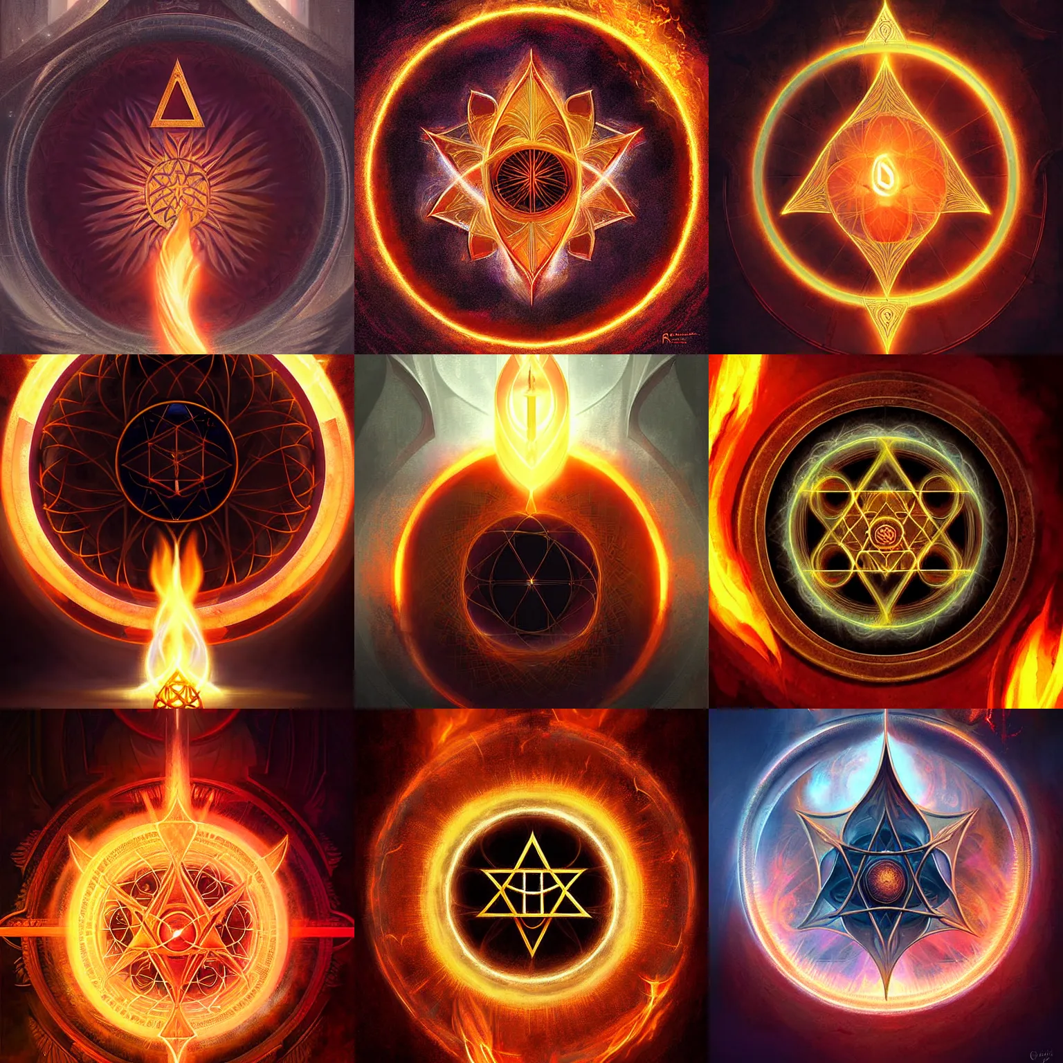 Prompt: holy flame spell, sacred geometry, digital painting art, lineage 2, fantasy game spell symbol, by greg rutkowski