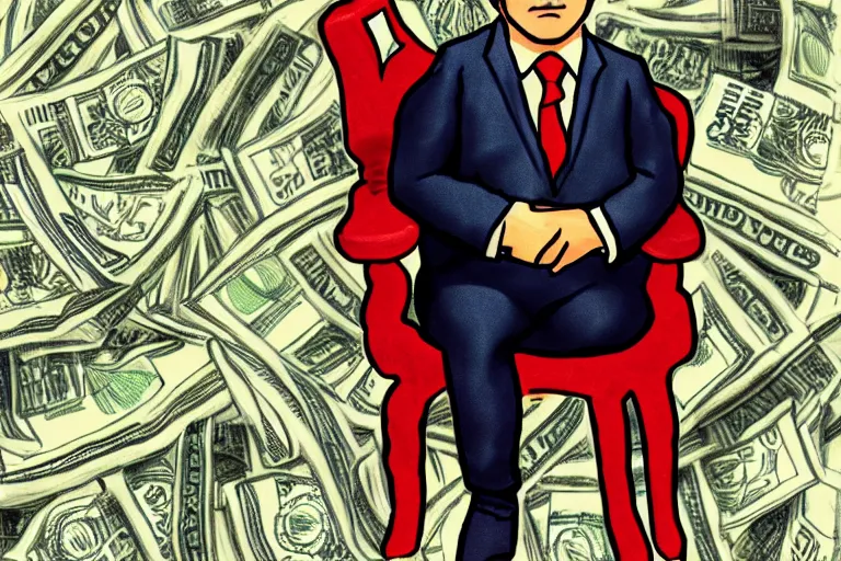 Prompt: a very small adult man sitting, on a throne of money, in the style of alex ross