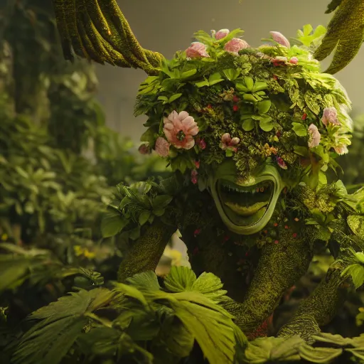 Image similar to a plant creature, foliage, plant filaments, flowers, humanoid shape, full body, photorealistic, 4 k, octane render, cinematic lighting, artistic photography, insanely detailed and intricate