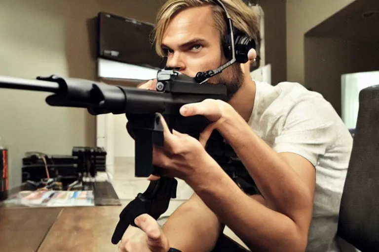 Prompt: pewdiepie doing a gaming video with a gun