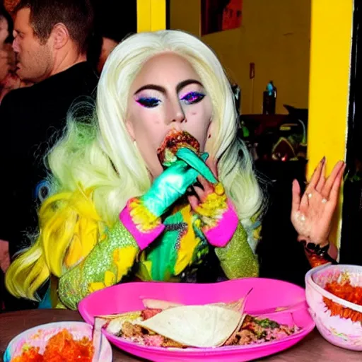 Image similar to lady gaga eating tacos, psychedelic