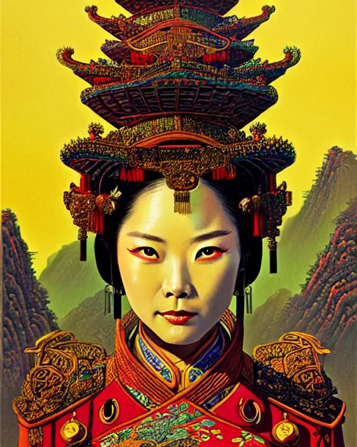 Image similar to chinese empress, character portrait, portrait, close up, concept art, intricate details, highly detailed, ornate, chinese patterns, soft light, vintage sci - fi poster, in the style of chris foss, rodger dean, moebius, michael whelan, and gustave dore
