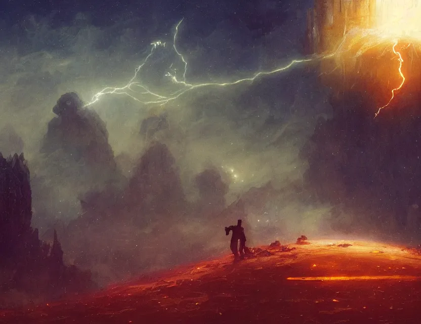 Image similar to a space laces kind of poster cinematic sci - fi scene and science fiction theme with lightning, aurora lighting. clouds and stars. smoke. a ball of light in the middle. futurism. fantasy. by beksinski carl spitzweg and tuomas korpi. baroque elements. oil painting. dramatic. artstation. 8 k