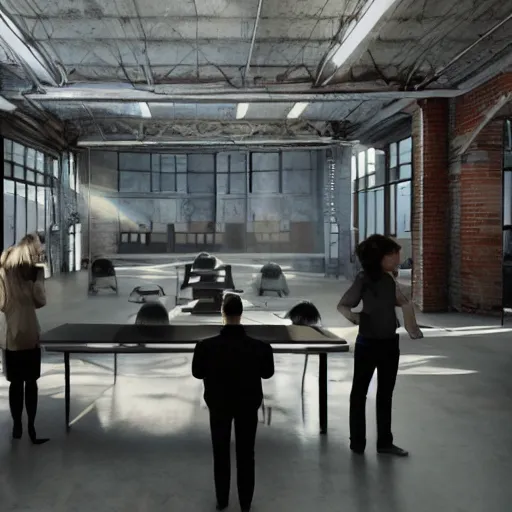 Prompt: cinematic concept, located in empty industrial warehouse with sunlight streaming through the windows, a large table in the middle of the frame that takes up a lot of space, a group of people standing around the table, on top of the table is a large hologram of a city futuristic city, some people are wearing virtual reality headsets in the foreground