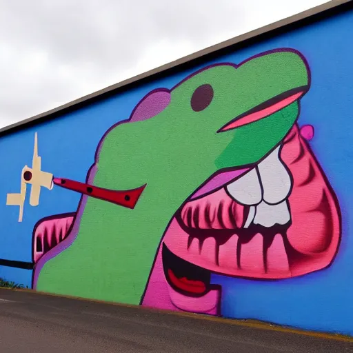 Image similar to belfast mural of barney the dinosaur holding an ak - 4 7