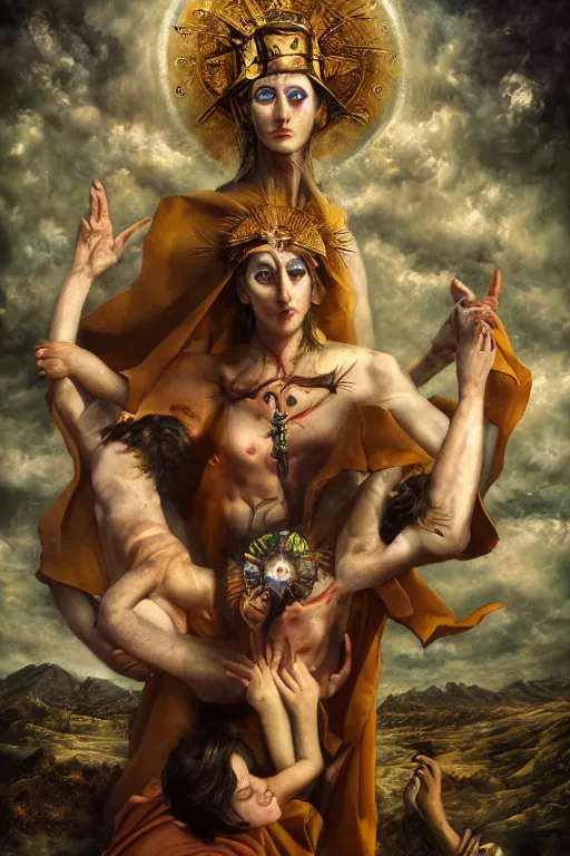 Image similar to transcendental adoration of the magi, stigmata, occult symbolism epic surrealism 8k oil painting, portrait, perspective, high definition, post modernist layering, by Peter Kemp