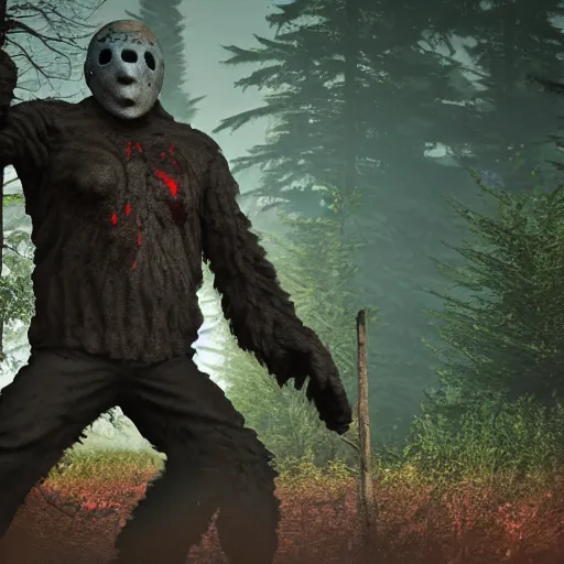 Image similar to jason voorhees fighting bigfoot in the forest, landscape, unreal engine art, hyper realistic