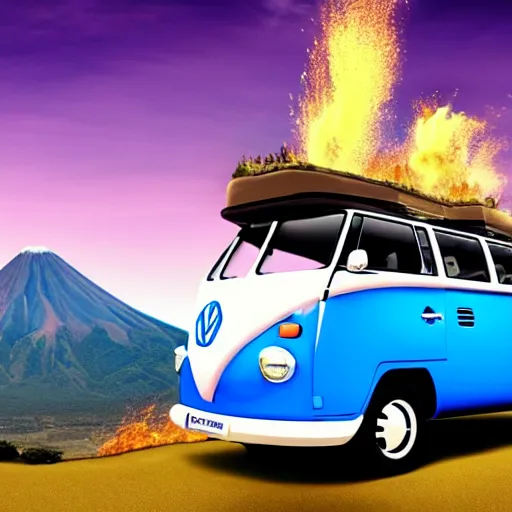 Prompt: a caricature drawing of a vw volkswagen bus, camper, bulli, type - 2, microbus, kombi, flying towards the camera, jumping at the viewer, dynamic action shot, fish - eye lense, frontal, a vulcano is erupting in the background