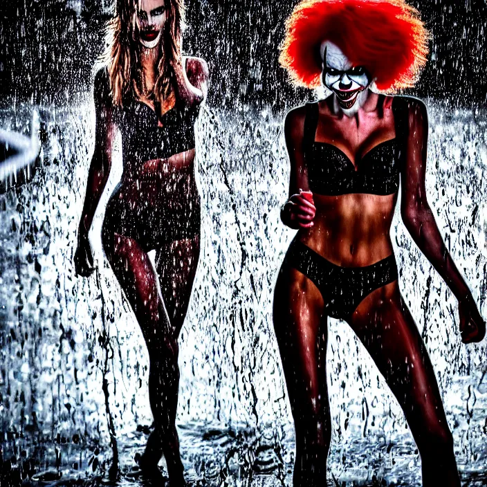 Image similar to fully body pose, photo of a very beautiful!! victoria secret model, pennywise, wet hair, raining, 8 k, hdr, smooth, sharp focus, high resolution, award - winning photo, trending on artstation, dslr, 5 0 mm