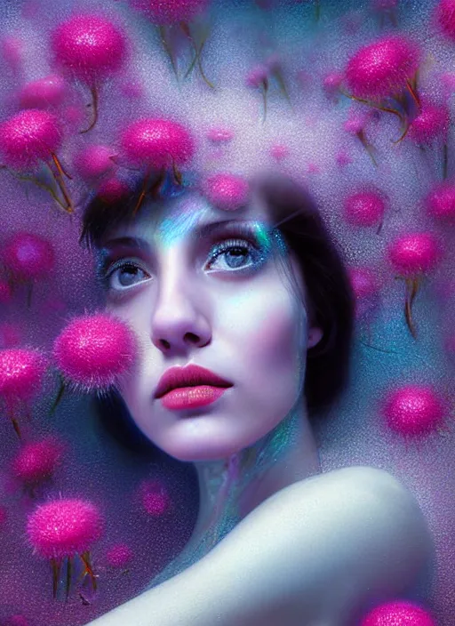 Image similar to hyper detailed 3d render like a chiariscuro Oil painting with depth - Aurora (Singer) looking adorable and seen in attractive dynamic pose joyfully Eating of the fine Strangling network of thin yellowcake aerochrome and milky Fruit and Her delicate Hands hold of gossamer polyp blossoms bring iridescent fungal flowers whose spores black the foolish stars to her smirking mouth by Jacek Yerka, Mariusz Lewandowski, Houdini algorithmic generative render, Abstract brush strokes, Masterpiece, Edward Hopper and James Gilleard, Zdzislaw Beksinski, Mark Ryden, Wolfgang Lettl, hints of Yayoi Kasuma, octane render, 8k