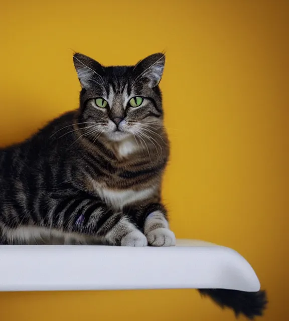 Prompt: a 4 k photorealistic photo of a cat sitting on a bed in a yellow room