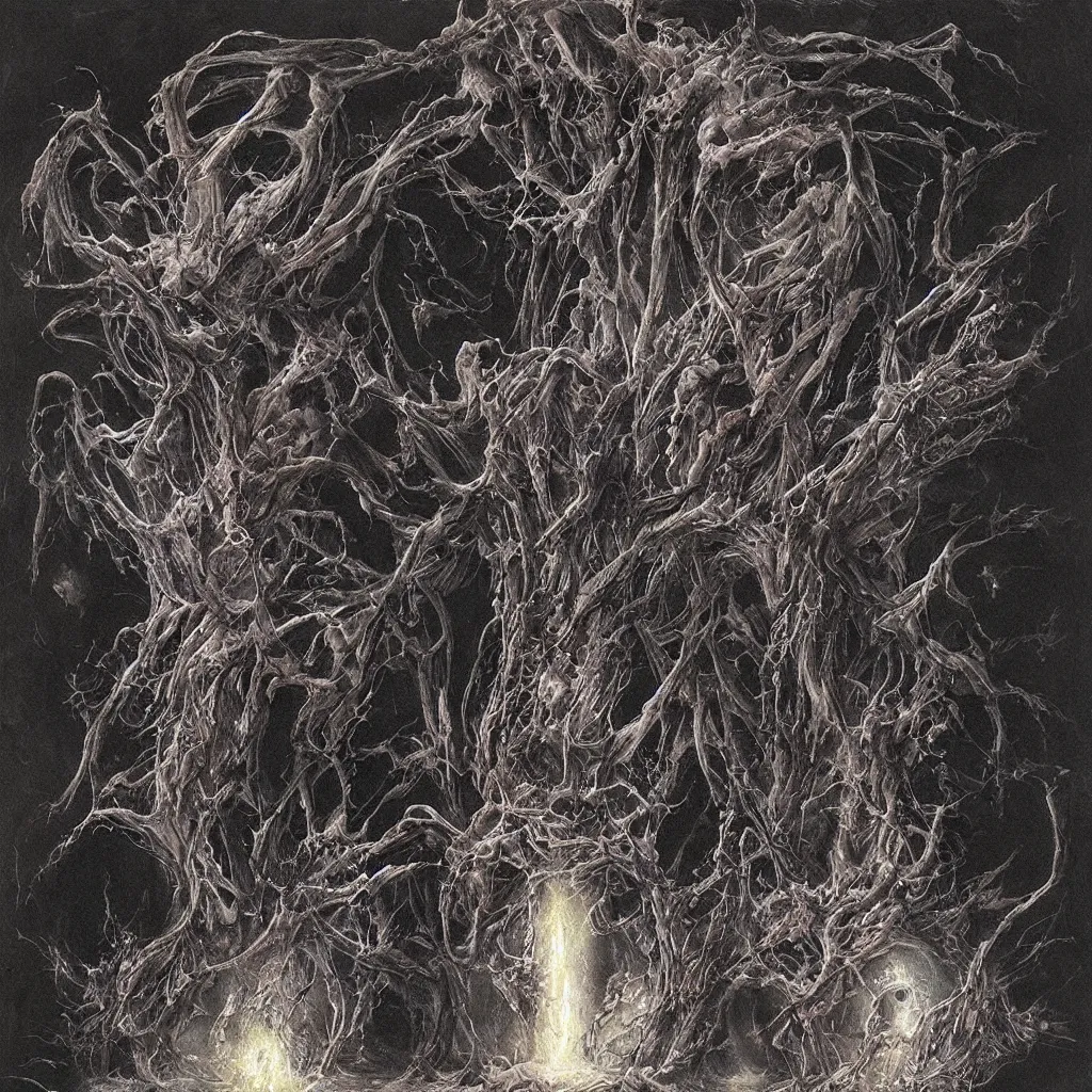Image similar to acid metal reflecting, prismatic neon death, nebula oil colors, !dream merge skeletons in the hundeds reaching out the broken portal to hell, melting metal vortex, artwork by beksinski + gammell + mcfarlane + giger, wispy realistic horrors